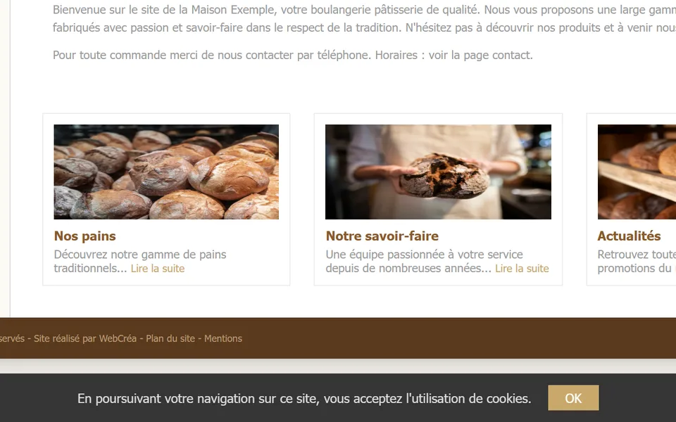 Ancien site : un bandeau gris en bas de l’écran, « En poursuivant votre navigation… », bouton « OK ».