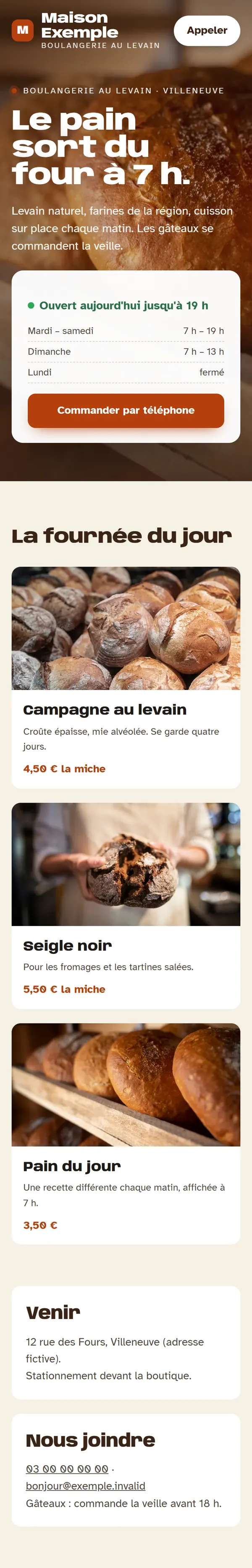 Nouveau site sur téléphone : le titre en grand, les horaires, puis le détail de l’offre.