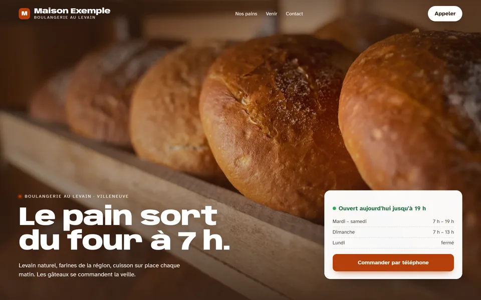 Nouveau site : la photo sur toute la largeur, sous le titre « Le pain sort du four à 7 h. ».