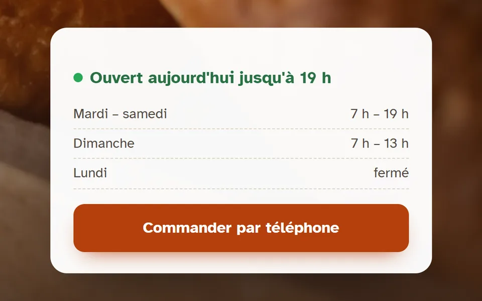Nouveau site : un encadré « Ouvert aujourd'hui jusqu'à 19 h », les horaires et le bouton « Commander par téléphone ».