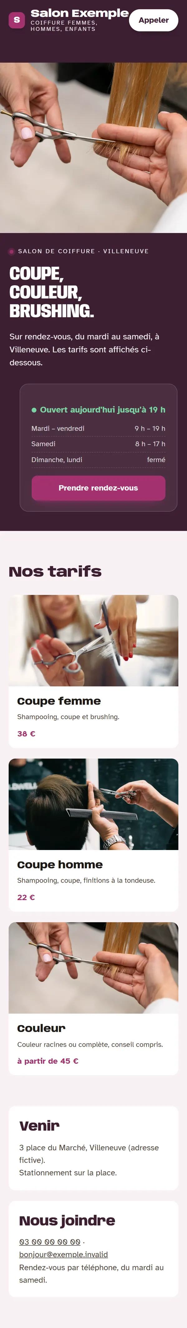 Nouveau site sur téléphone : le titre en grand, les horaires, puis le détail de l’offre.