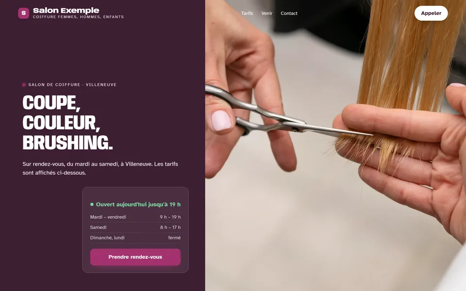 Nouveau site : la photo sur toute la largeur, sous le titre « Coupe, couleur, brushing. ».