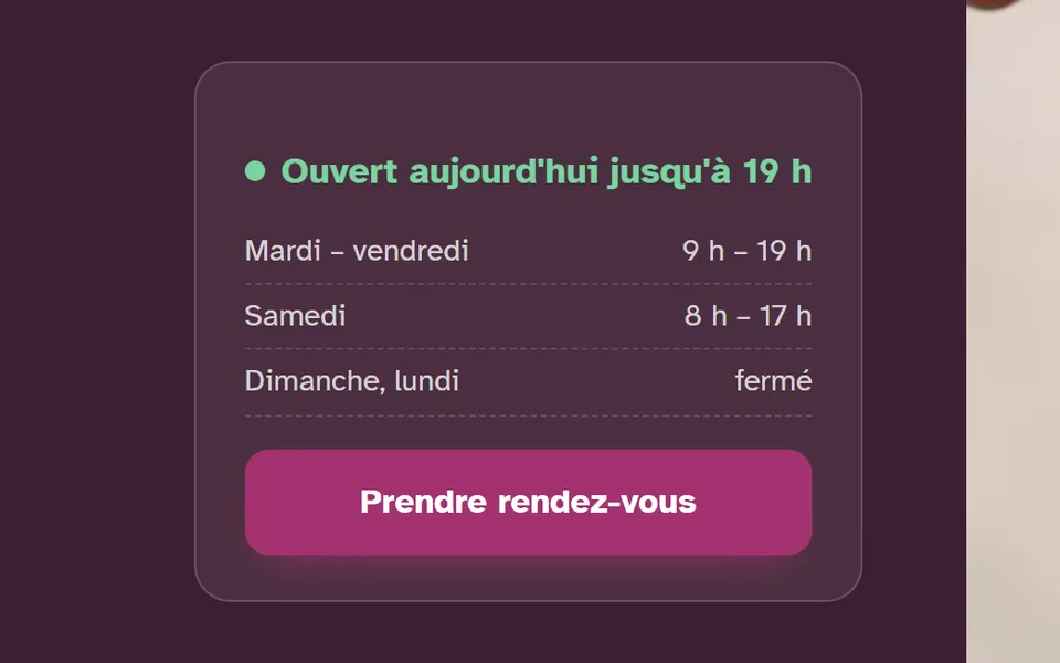 Nouveau site : un encadré « Ouvert aujourd'hui jusqu'à 19 h », les horaires et le bouton « Prendre rendez-vous ».