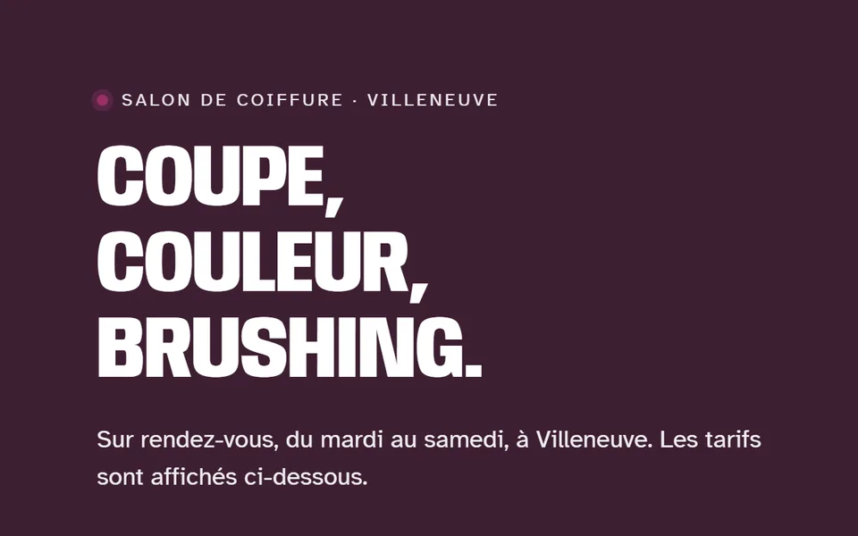 Nouveau site : « Coupe, couleur, brushing. » en grand.