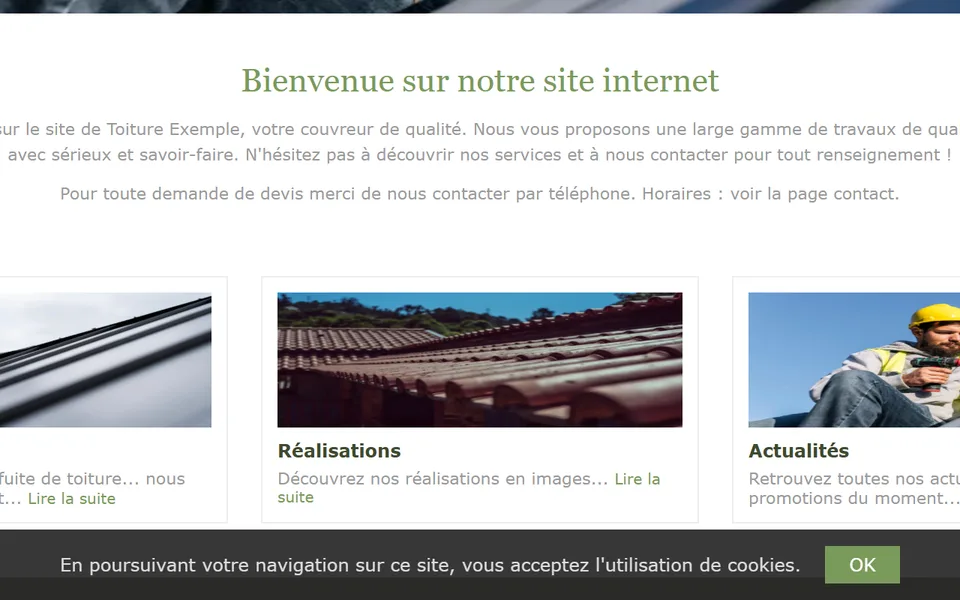 Ancien site : un bandeau gris en bas de l’écran, « En poursuivant votre navigation… », bouton « OK ».