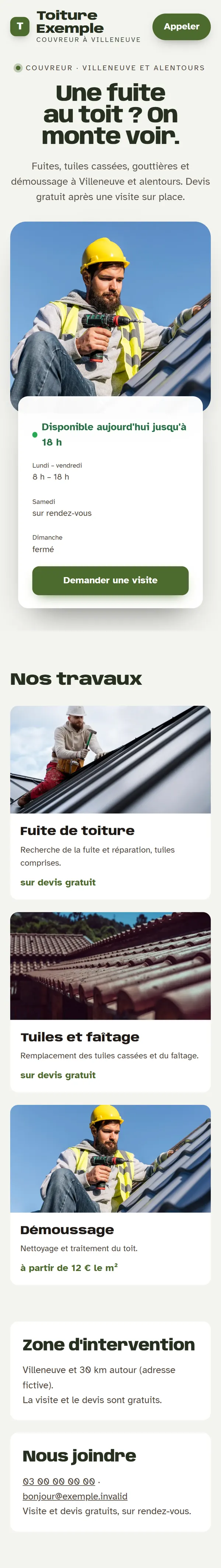 Nouveau site sur téléphone : le titre en grand, les horaires, puis le détail de l’offre.