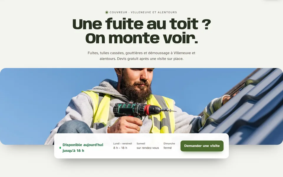 Nouveau site : la photo sur toute la largeur, sous le titre « Une fuite au toit ? On monte voir. ».