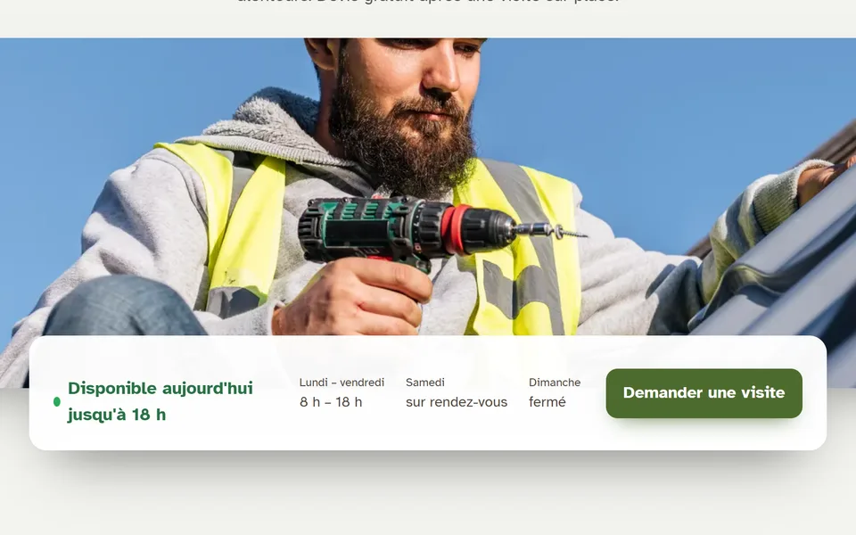 Nouveau site : un encadré « Disponible aujourd'hui jusqu'à 18 h », les horaires et le bouton « Demander une visite ».