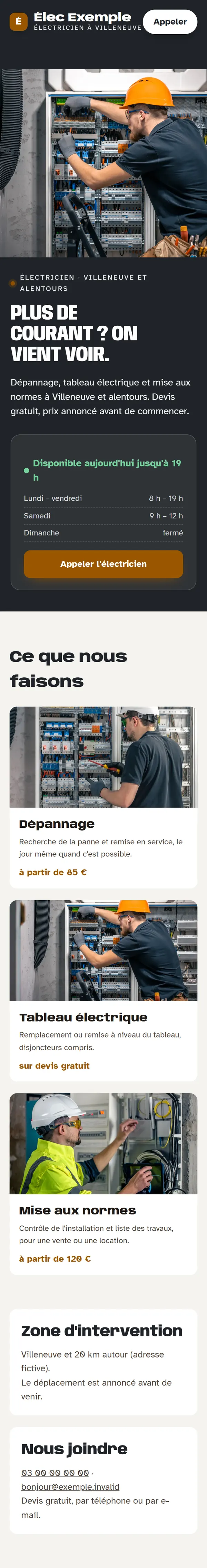 Nouveau site sur téléphone : le titre en grand, les horaires, puis le détail de l’offre.