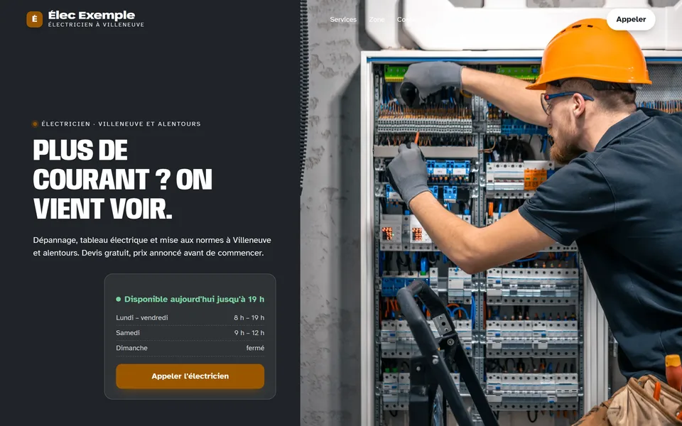 Nouveau site : la photo sur toute la largeur, sous le titre « Plus de courant ? On vient voir. ».