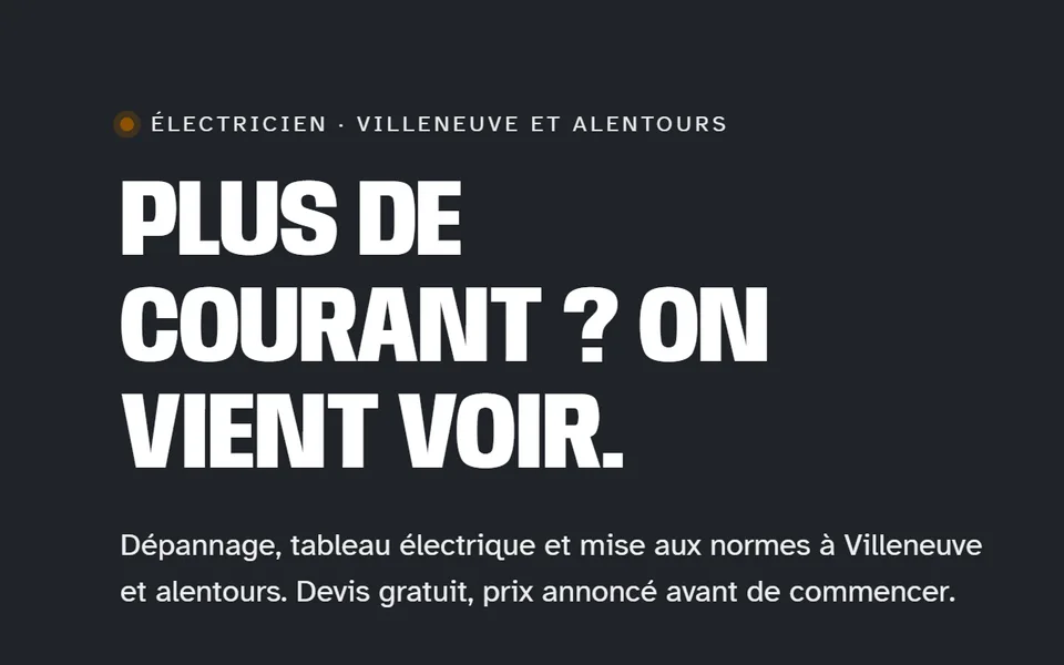 Nouveau site : « Plus de courant ? On vient voir. » en grand.