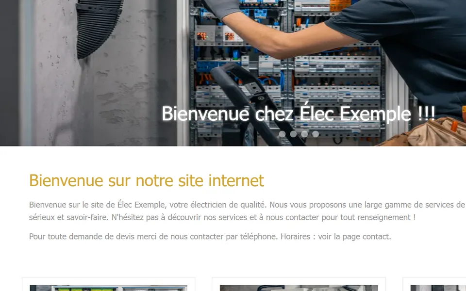 Ancien site : « Bienvenue chez Élec Exemple !!! » puis « Bienvenue sur notre site internet ».