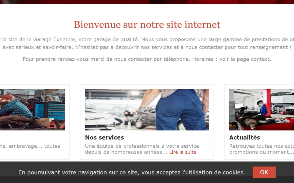 Ancien site : un bandeau gris en bas de l’écran, « En poursuivant votre navigation… », bouton « OK ».