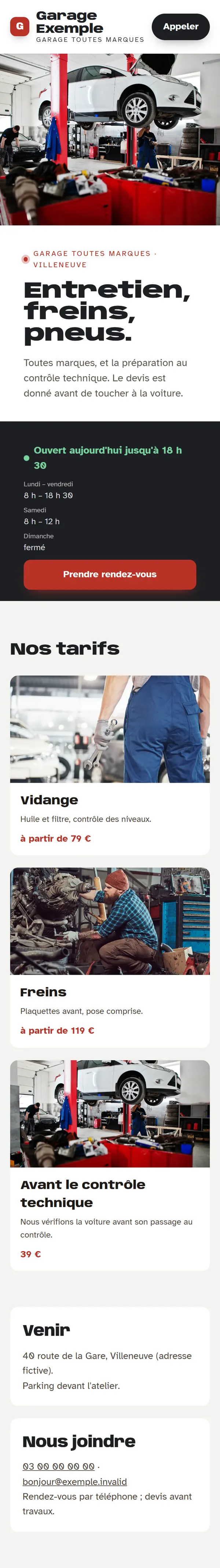 Nouveau site sur téléphone : le titre en grand, les horaires, puis le détail de l’offre.