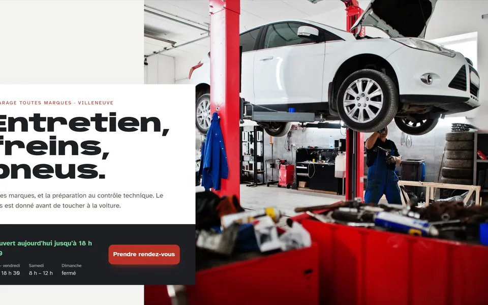Nouveau site : la photo sur toute la largeur, sous le titre « Entretien, freins, pneus. ».