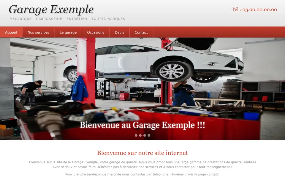 Ancien site : photo déformée, avec l’inscription « Bienvenue au Garage Exemple !!! ».