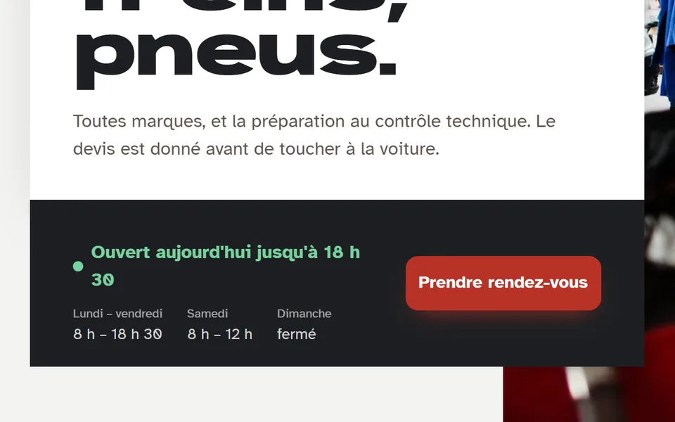 Nouveau site : un encadré « Ouvert aujourd'hui jusqu'à 18 h 30 », les horaires et le bouton « Prendre rendez-vous ».