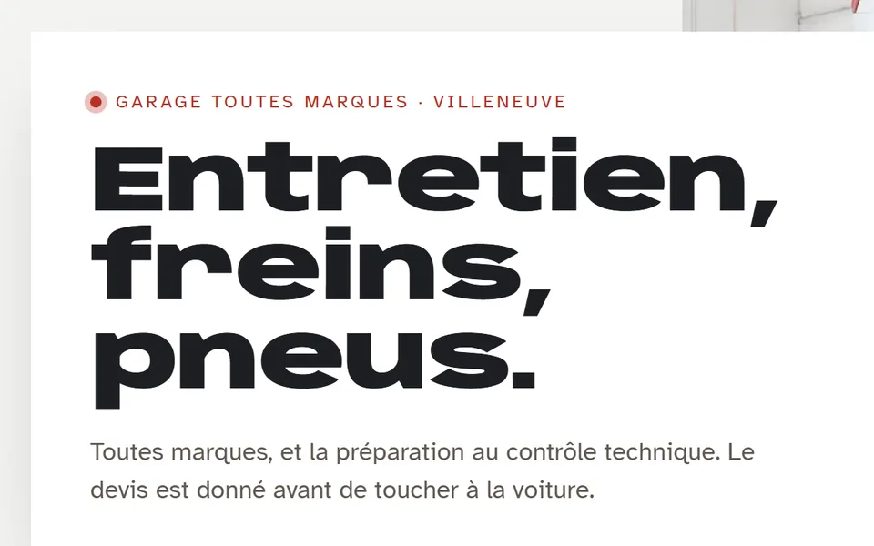 Nouveau site : « Entretien, freins, pneus. » en grand.