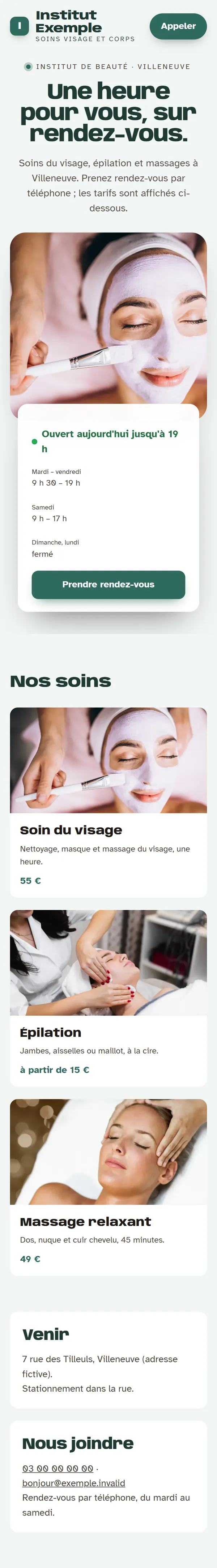 Nouveau site sur téléphone : le titre en grand, les horaires, puis le détail de l’offre.