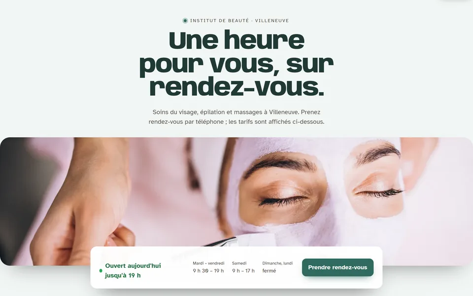 Nouveau site : la photo sur toute la largeur, sous le titre « Une heure pour vous, sur rendez-vous. ».