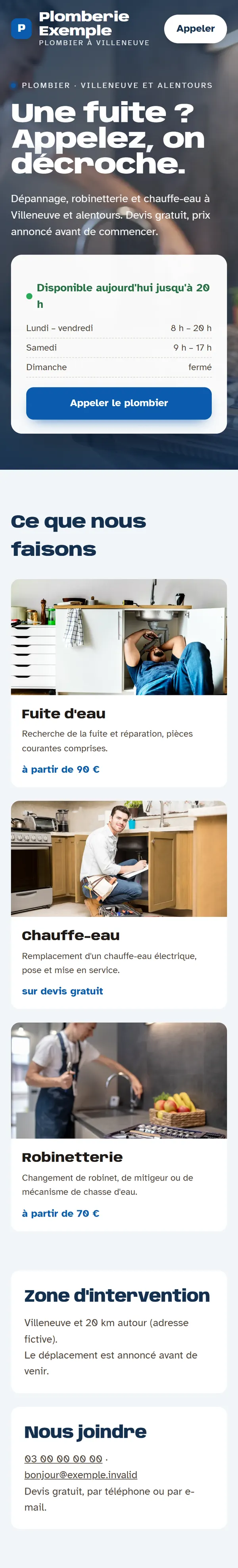 Nouveau site sur téléphone : le titre en grand, les horaires, puis le détail de l’offre.