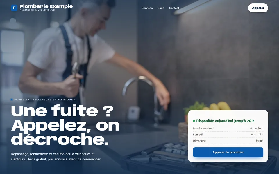 Nouveau site : la photo sur toute la largeur, sous le titre « Une fuite ? Appelez, on décroche. ».