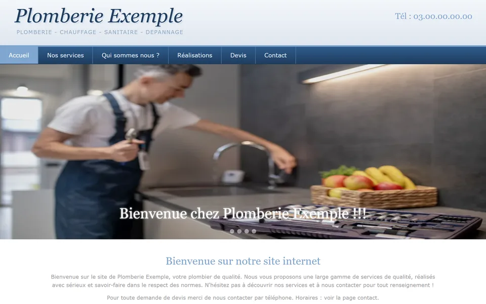 Ancien site : photo déformée, avec l’inscription « Bienvenue chez Plomberie Exemple !!! ».