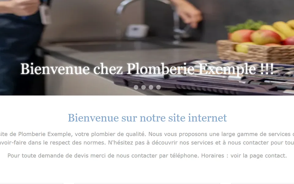 Ancien site : « Bienvenue chez Plomberie Exemple !!! » puis « Bienvenue sur notre site internet ».