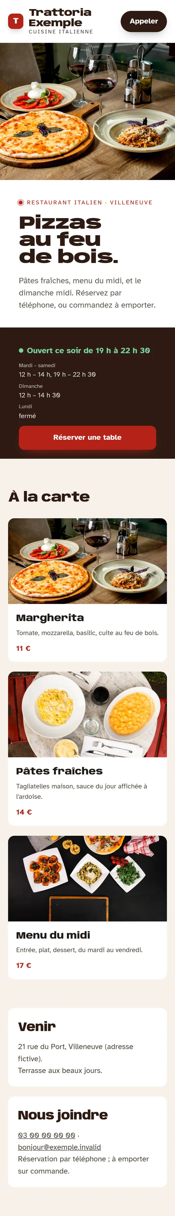 Nouveau site sur téléphone : le titre en grand, les horaires, puis le détail de l’offre.