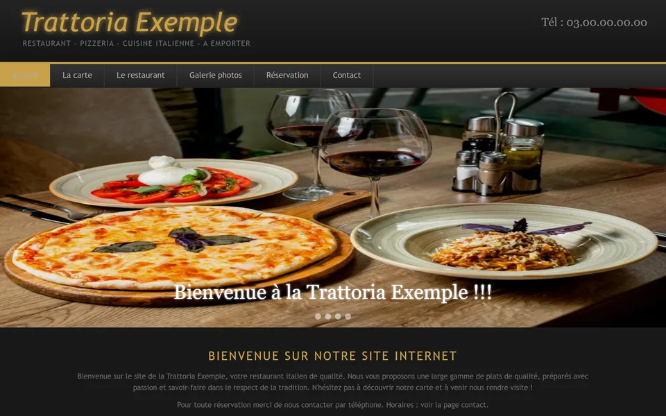 Ancien site : photo déformée, avec l’inscription « Bienvenue à la Trattoria Exemple !!! ».