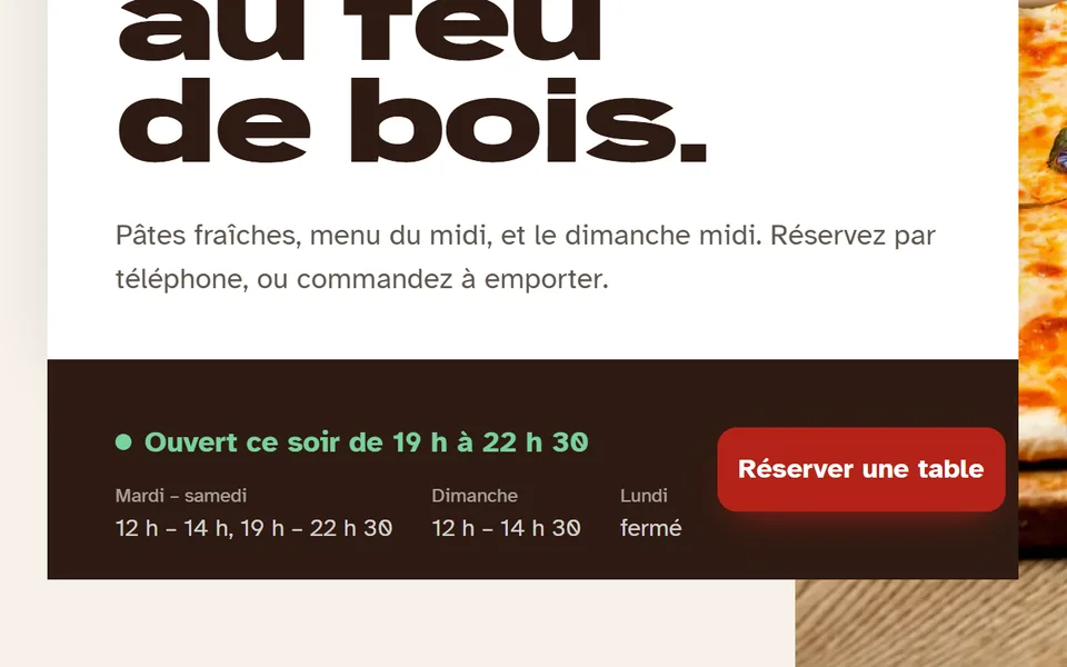 Nouveau site : un encadré « Ouvert ce soir de 19 h à 22 h 30 », les horaires et le bouton « Réserver une table ».