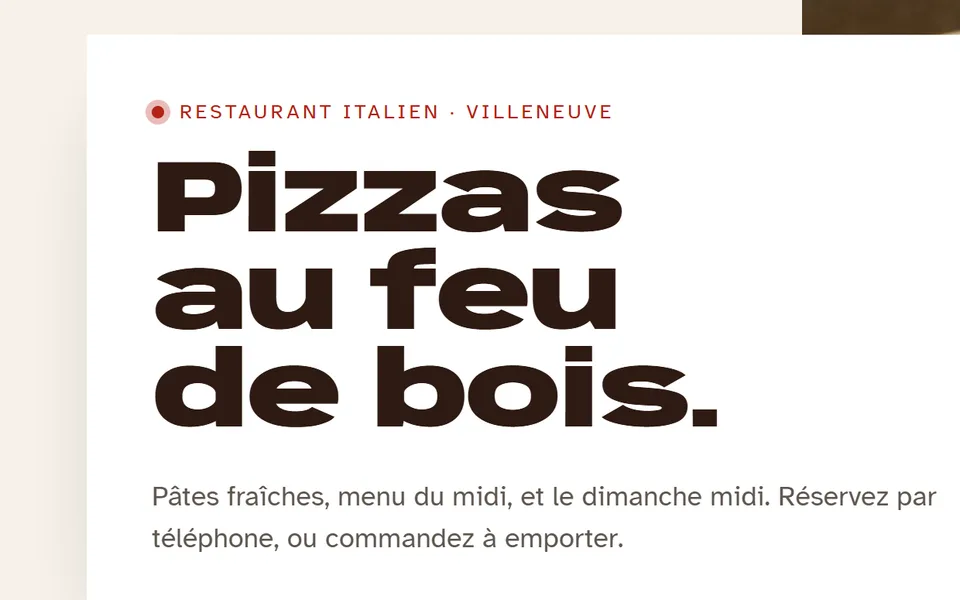 Nouveau site : « Pizzas au feu de bois. » en grand.
